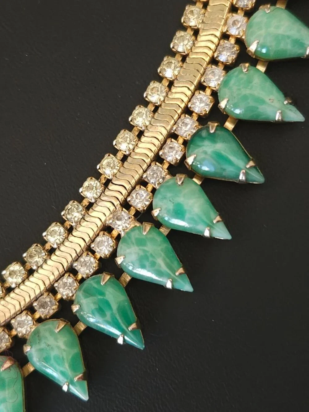 Vintage Faux Jade Glass and Rhinestone Collar Necklace